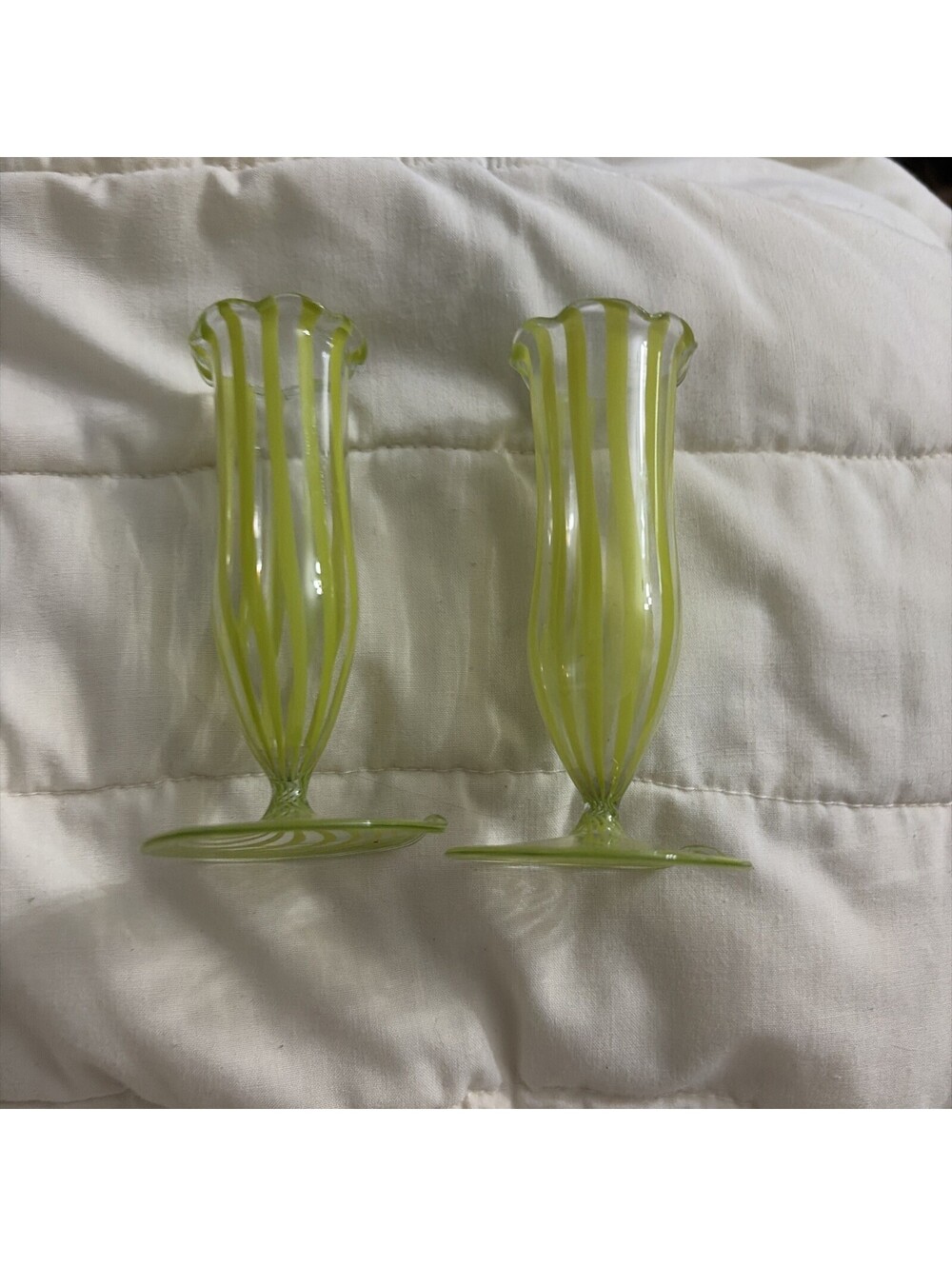 mid-century Murano-style yellow and white striped miniature glass vases